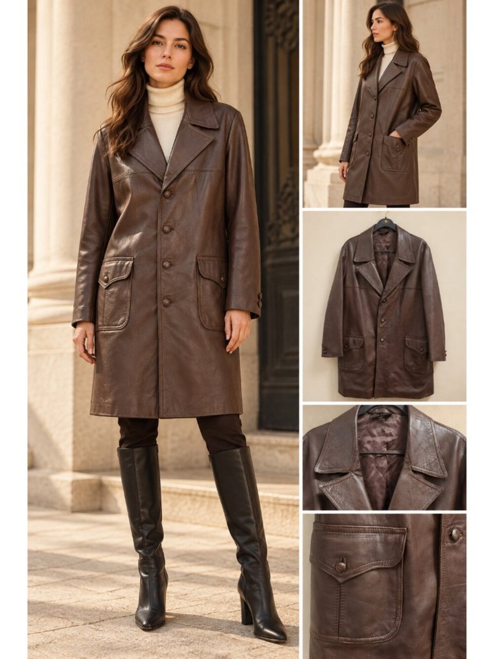 Vintage Luigi Romoli Brown Leather Long Coat Size 44 Retro Tailored